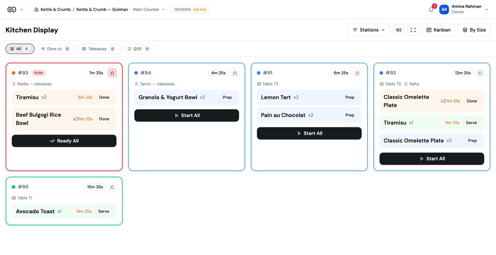 ONNO Kitchen Display System showing four live order tickets, one flagged rush, with per-item prep timers and Start/Done actions