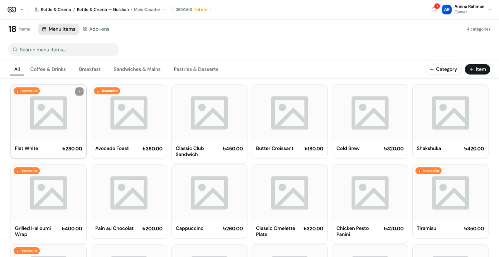 ONNO menu management screen listing categories and eighteen menu items with prices and bestseller tags
