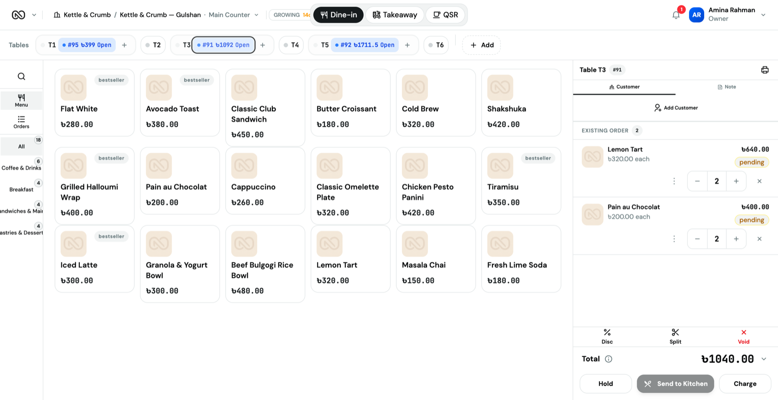 ONNO order screen showing a dine-in cart for Table 3 with itemized menu items and a running total, open in a browser window