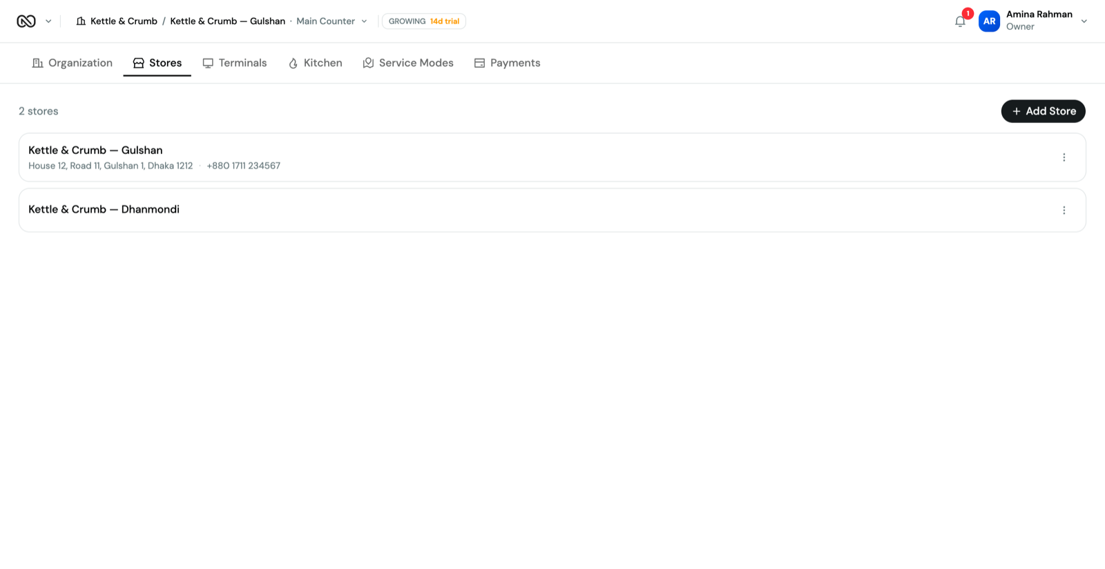 ONNO settings screen listing two Kettle & Crumb store locations under one organization